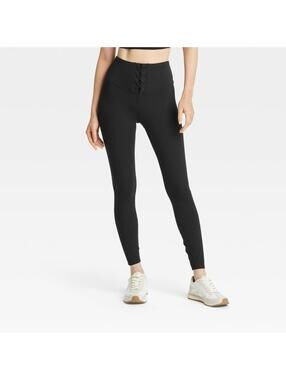 077 JoyLab Women's Black High-Rise Ribbed Lace-Up 7/8 Leggings (Size XL)